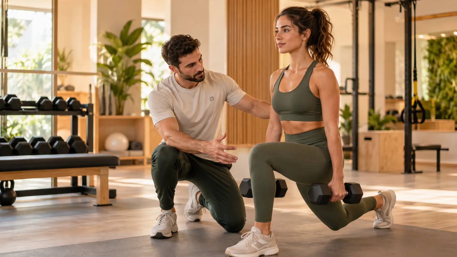 Personal trainer acompanhando uma aluna durante o treino